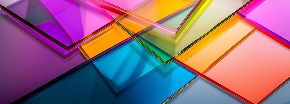 A vibrant abstract pattern of overlapping thick sheets of clear colored plexiglass. This image is suitable for use in design projects, modern interiors and as a background