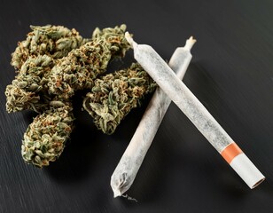 dried flower marijuana and pre rolls cannabis joints on black background macro