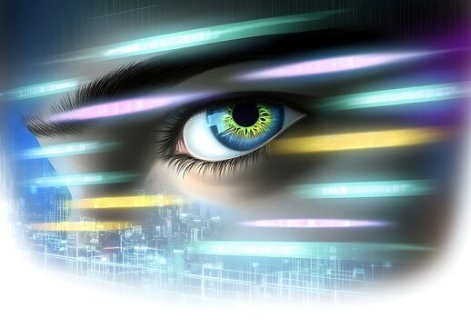 Futuristic vision of technology and surveillance with digital eye overlooking cityscape
