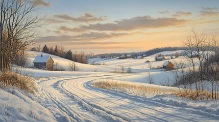 Scenic Winter Landscape  Snow Covered Road  Farmhouses  Sunset