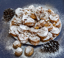 Authentic sweet Christmas French toast served with sugar and cinnamon in a Christmas atmosphere