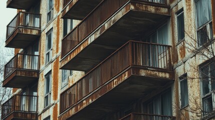 Fototapeta premium Abandoned Building with Rusty Balconies and Weathered Facade