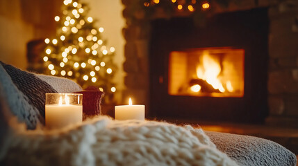 Obraz premium Soft candlelight flickers in a warm living room, highlighting a glowing fireplace adorned with holiday decorations, creating a peaceful and inviting atmosphere