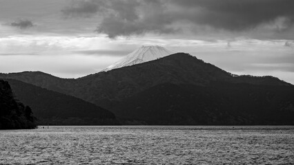 Mount Fuji behind lake Ashi 