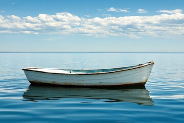 Naklejka premium A solitary boat floats on mirror-like waters beneath a clear sky, providing a tranquil setting perfect for adding your own thoughts. Generative AI