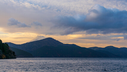 Mount Fuji behind lake Ashi 
