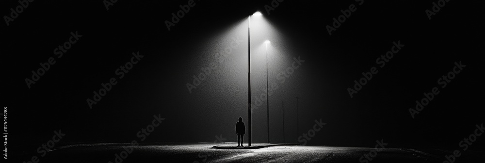 Aufkleber A lone person stands still on an empty street under glowing streetlights, surrounded by darkness, creating a profound sense of isolation. Generative AI
