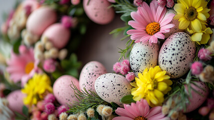 Obraz premium Vibrant Easter wreath displays delicate pastel eggs surrounded by lively flowers, perfect for celebrating springtime and adding charm to any decor