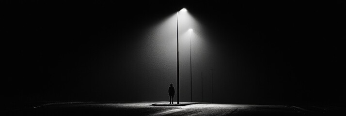 A lone person stands still on an empty street under glowing streetlights, surrounded by darkness, creating a profound sense of isolation. Generative AI