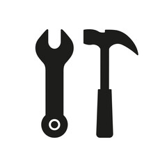 Wrench and Hammer Silhouette Icon for Technical Support and Repair Services. Construction and Repair Tool Glyph Symbol. Maintenance and Service. Isolated Vector Illustration