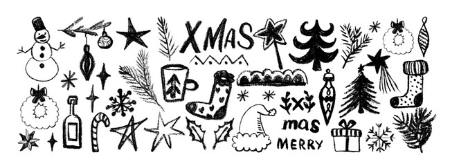 Geometric Christmas elements set with mosaic geometric shape, rabbit, Christmas tree, gifts, abstract Christmas and New Year decor, stars,    snowflakes. Vector illustration