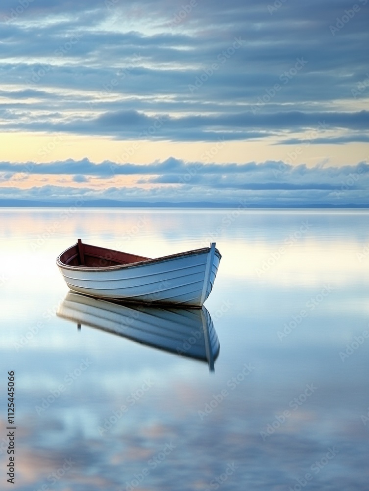 Fototapete a small boat rests peacefully on still water under a soft sunset sky, creating a tranquil atmosphere