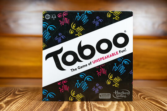 Box of the Taboo board game. Taboo is a popular word, guessing, and party game. Toronto, Canada - October 5, 2024.