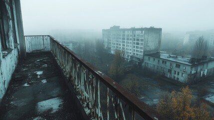 Abandoned Urban Landscape with Mist and Dilapidated Buildings