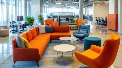 Modern office lounge with orange modular sofa, armchairs, coffee tables, and plants.