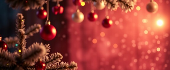 Fototapeta premium This enchanting image captures the magic of Christmas Eve with a blurred background of a decorated Christmas tree and a starry sky. The soft, warm light and sparkling ornaments, cozy and festive.