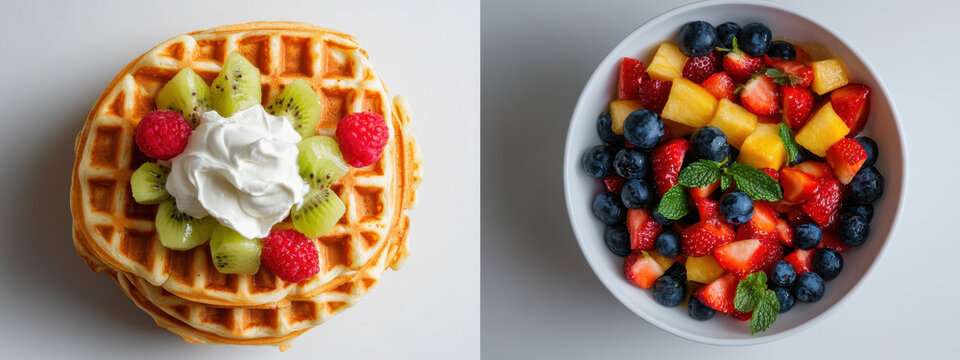 Delicious breakfast spread with fluffy waffles topped with fruit and whipped cream, alongside a vibrant bowl of mixed fresh berries and tropical fruits.