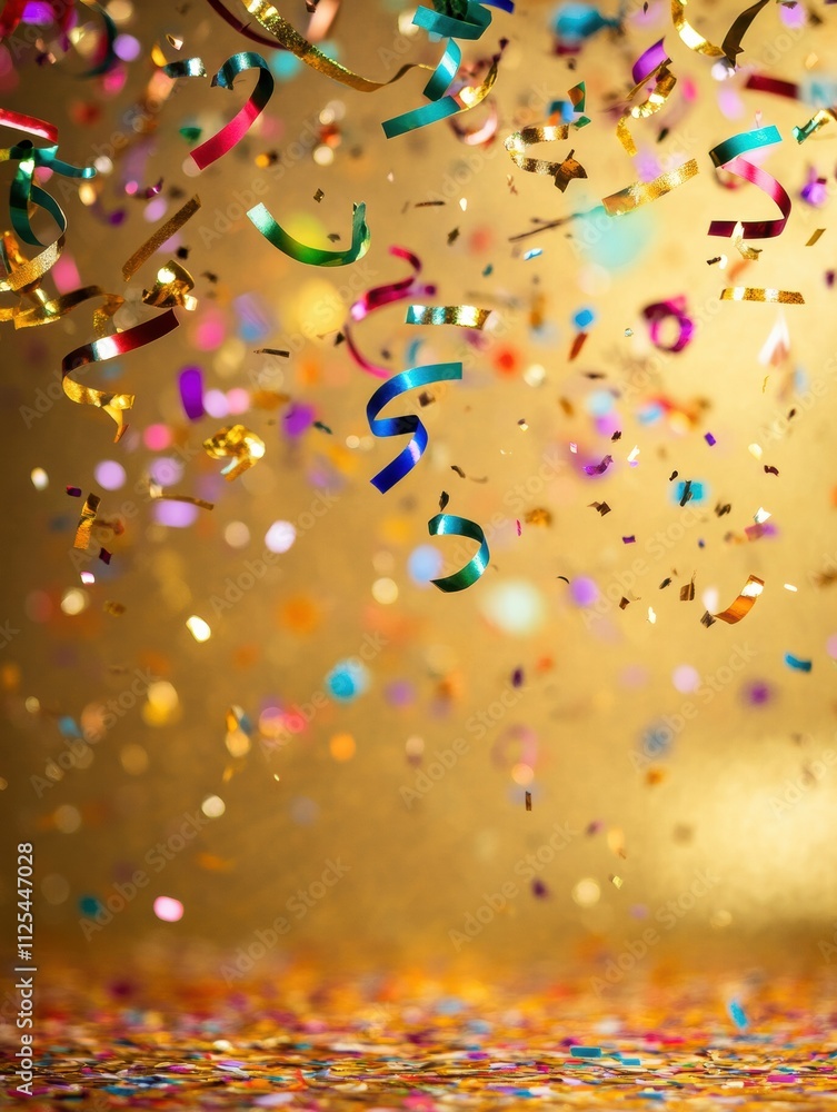 Poster joyful confetti and curling ribbons cascade against a shimmering golden backdrop, perfect for celebr