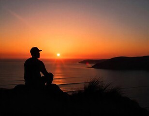 Fototapeta premium A silhouette of a person sitting on a rock overlooking a body of water during a sunset