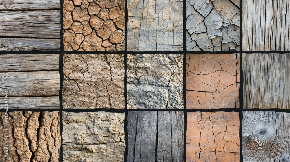 Aufkleber Intricately arranged squares showcase an array of weathered surfaces, each displaying unique patterns of cracks and aged tones, reflecting the passage of time and natural wear