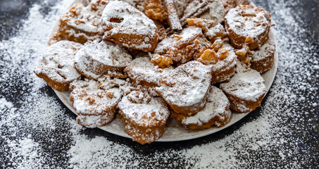 Authentic sweet Christmas French toast served with sugar and cinnamon in a Christmas atmosphere