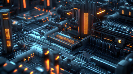 A futuristic electrical grid with glowing circuits and advanced distribution systems.