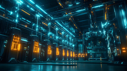A futuristic electrical grid with glowing circuits and advanced distribution systems.