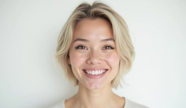 Happy young women in a joyful mood against a light background, with different hairstyles and hair color