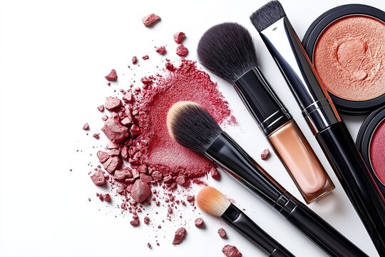 Colorful eyeshadows and brushes on a white background, top view, makeup product