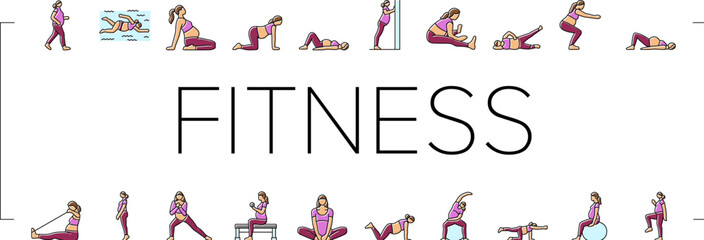pregnant fitness icons set vector. exercise yoga, strength flexibility, wellness health, balance stamina, nutrition pregnant fitness color line illustrations