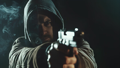 Dangerous criminal with gun on black background. Armed robbery