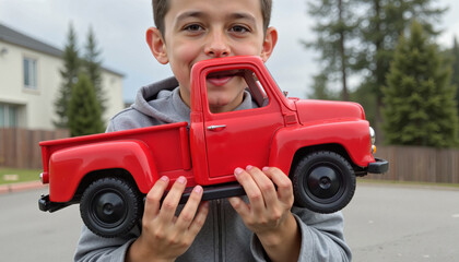 Young boy joyfully holds a bright red toy truck outdoors with playful expressions