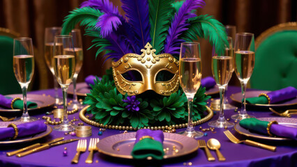 Elegant mardi gras table setting with gold mask and champagne flutes. Fat Tuesday