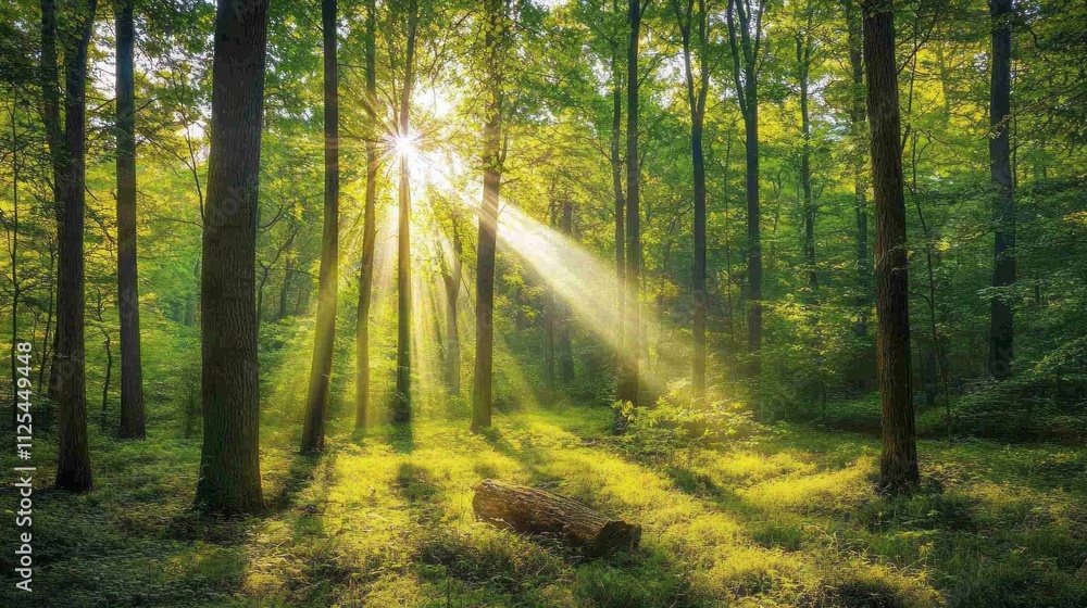 Poster Warm rays filter through the verdant canopy, illuminating the green underbrush and creating a serene haven. The forest feels alive with nature's light and energy
