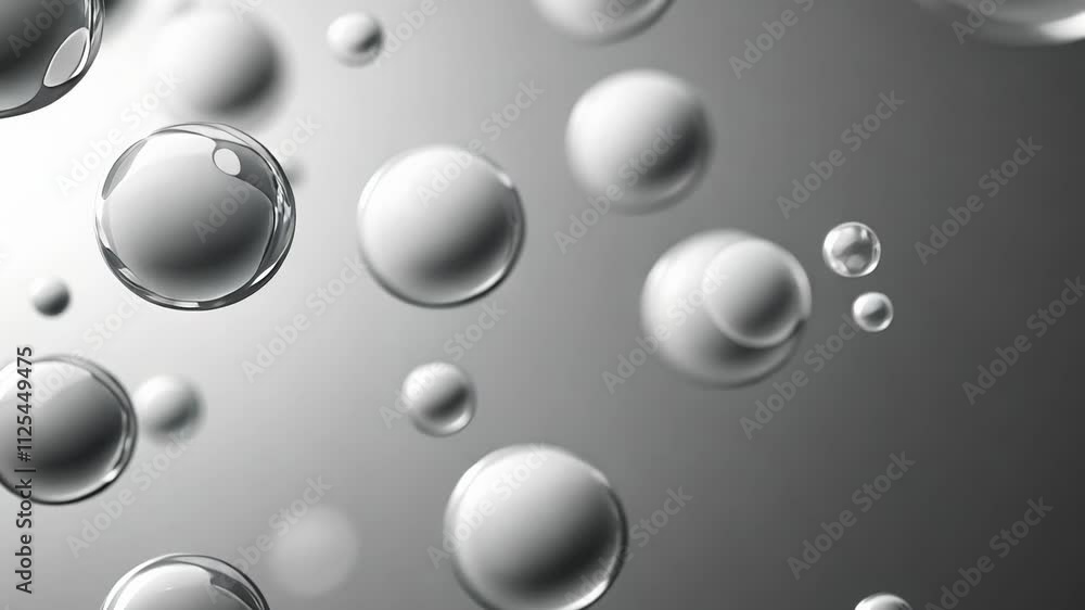 Poster floating translucent bubbles on a gray background, minimalistic abstract concept