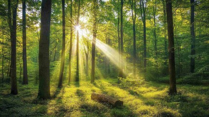 Fototapeta premium Warm rays filter through the verdant canopy, illuminating the green underbrush and creating a serene haven. The forest feels alive with nature's light and energy