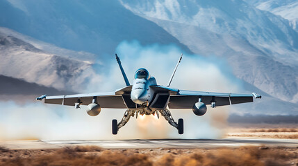 A fighter jet taking off vertically during a military exercise on a remote airbase.