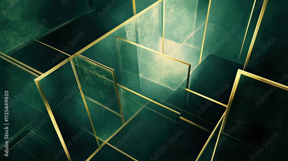 Poster dark green abstract background with golden lines and shadow. layers of overlapping geometric shapes.