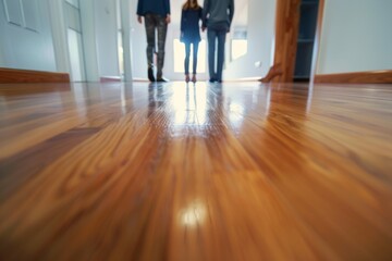 Obraz premium Young married couple walks with a real estate agent through a bright apartment discussing their future plans as prospective parents considering a new home.