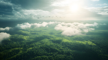 A formation of fighter jets flying over a vast green forest with sunlight piercing through clouds.