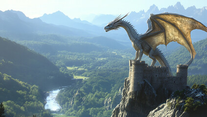 Fototapeta premium A majestic dragon perched atop an ancient castle, overlooking the vast landscape5