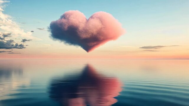 Heart-shaped pink cloud over calm ocean at sunrise, romantic nature scene. Dreamy sky and tranquil water concept