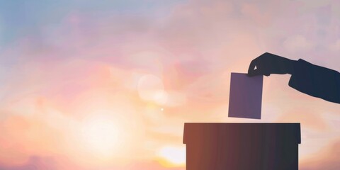 A hand reaches out to place a ballot into a box against a vibrant sunset sky symbolizing the importance of voting and participation in democratic processes.