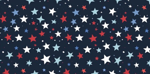 A vibrant composition features blue white and red stars flying from the edges towards the center on a dark blue background symbolizing celebration and patriotism.