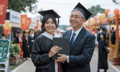 proud graduate poses with her father, holding her diploma at graduation ceremony. festive atmosphere is filled with family and friends celebrating this milestone