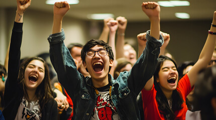 A group of college students celebrating after winning an academic competition.