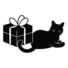 Christmas Parcel and a cute cat on her side, vector silhouette Isolated On White Background