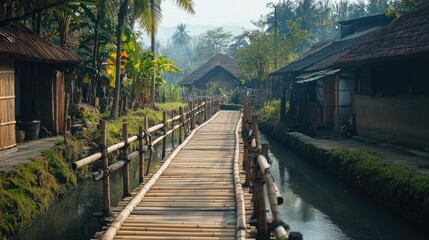 Obraz premium Serene Bamboo Walkway Over Calm Waterway in Lush Tropical Village