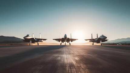 A group of fighter jets launching from an airstrip in synchronized sequence under clear skies.