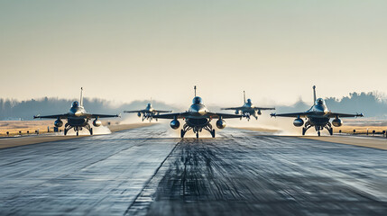 A group of fighter jets launching from an airstrip in synchronized sequence under clear skies.